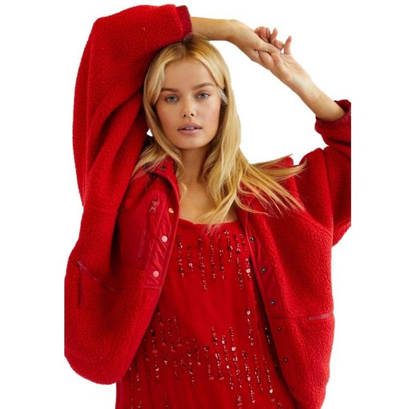 Free People Hit The Slopes Fleece Jacket, Cardinal Red - NWT - Picture 1 of 4